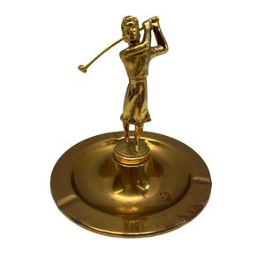 Vintage Brass Female Golfer Ashtray Gold Tone Metal Sports Figurine Decor